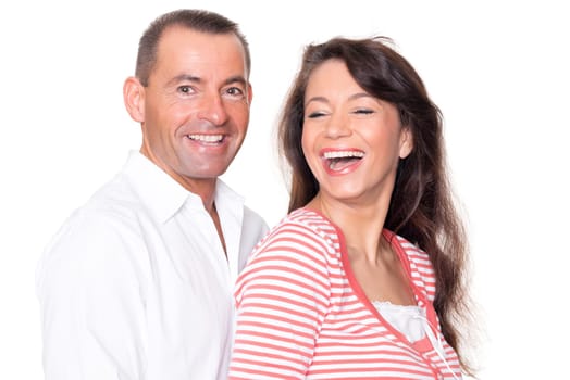 Happy middle-aged couple against a white background