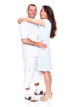 Happy middle-aged couple against a white background