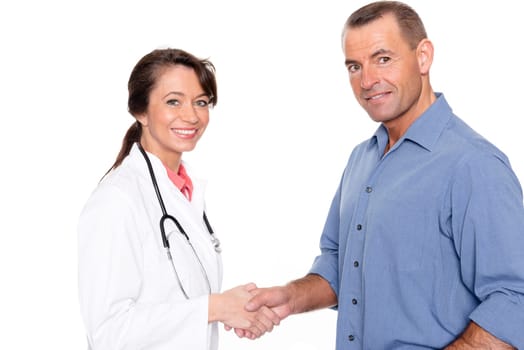 Doctor with patient against a white background