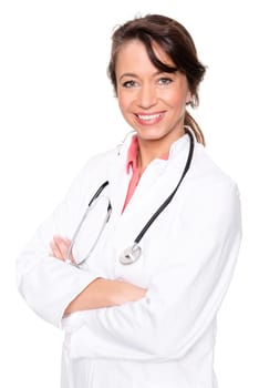 Doctor with stethoscope against a white background