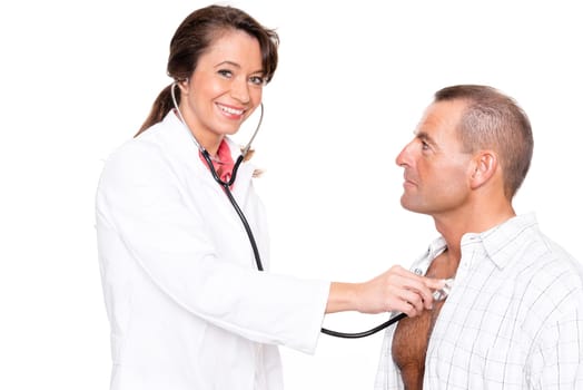 Doctor with patient against a white background