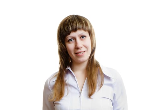 young girl in a white blouse isolated on white background