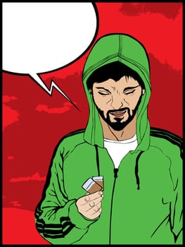 Comic style drawing of  a  drug addict man and a speech bubble
