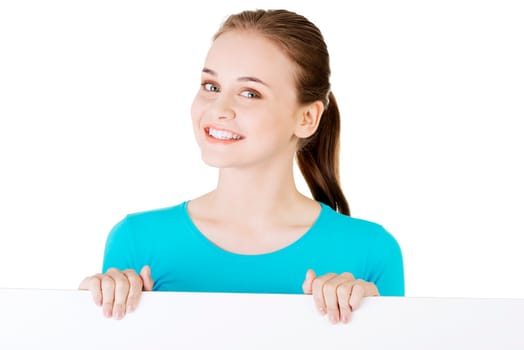 portrait of happy young woman with blank board,isolated on white