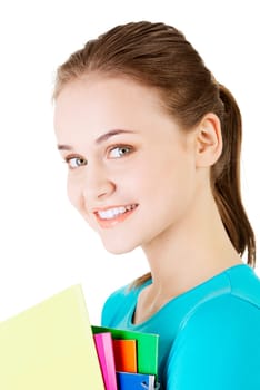 happy student woman with notebooks,isoalted on white background
