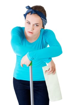 tired and exhausted cleaning woman portrait