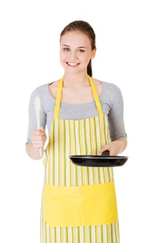 Young woman cooking healthy food,isolated on white.