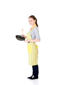 young woman cooking healthy food,isolated on white.