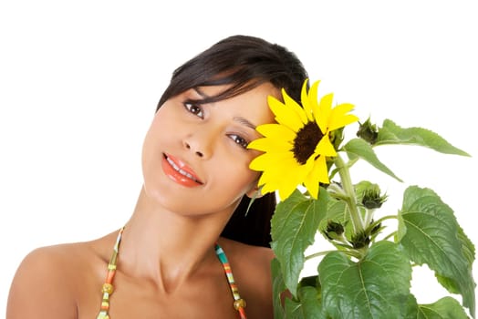 happy summer girl portrait with sunflower isolated on white
