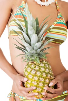 happy summer woman in bikini with pineapple. isolated on white