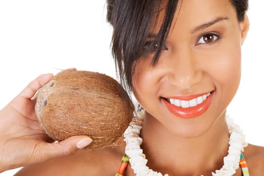 happy excited summer woman with coconut. isolated on white.