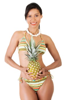 happy summer woman in bikini with pineapple. isolated on white