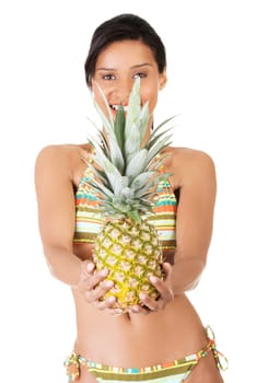 happy summer woman in a bikini with pineapple. isolated on white