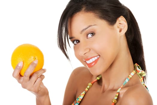 happy summer woman in a bikini with oranges. isolated on white