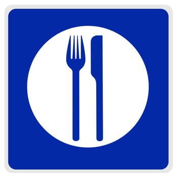 road sign - restaurant, white on blue, with path