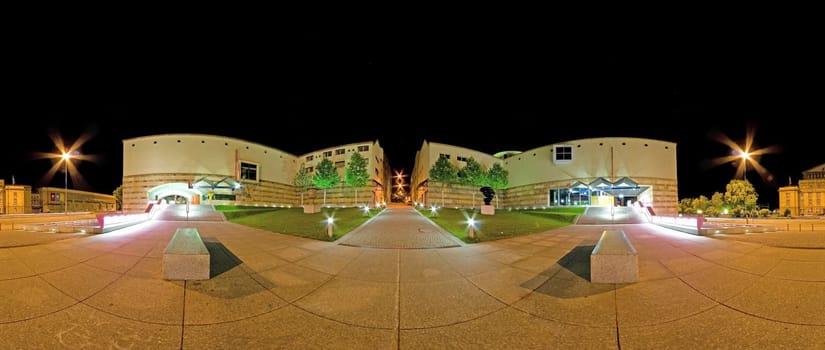 STUTTGART, GERMANY - May 19: Night panorama of the Eugenstraße with Kammer Theater and the House of History on May 19, 2009 in Stuttgart, Germany. The facilities hosts several exhibitions each year.