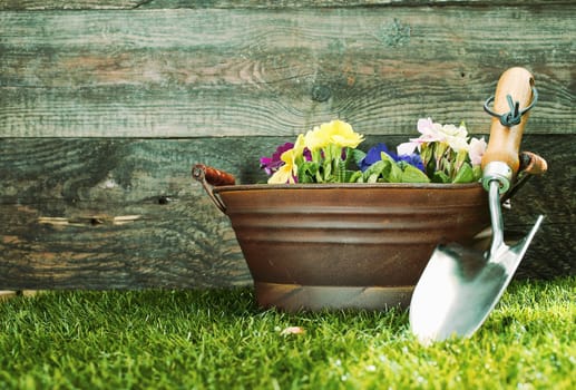 Small silver metal garden trowel propped up against a tub filled with colourful flowers in front of a rustic wooden garden shed with copyspace