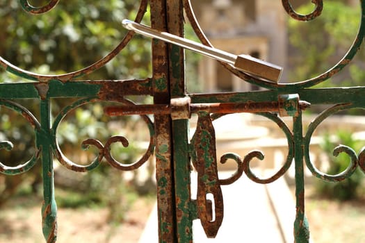 An old Iron bars gate fence locked with a padlock