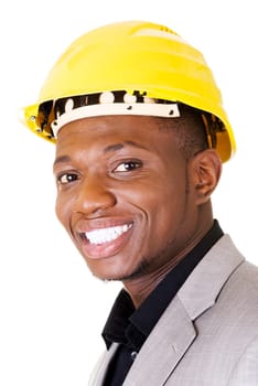 Happy successful businesman in helmet. Isolated on white.