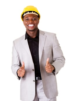 Happy successful businesman in helmet gesturinh thumbs up. Isolated on white.