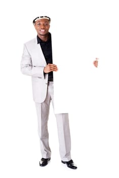 Businessman presenting empty banner. Isolated on white background