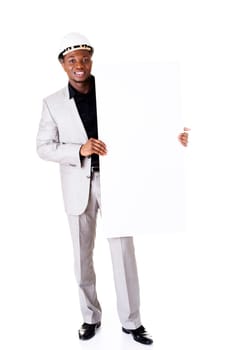 Businessman presenting empty banner. Isolated on white background