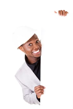 Businessman presenting empty banner. Isolated on white background