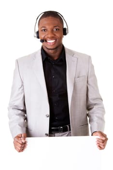 Successful call center worker with blank board, isolated on white