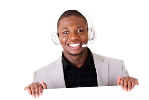 Successful call center worker with blank board, isolated on white