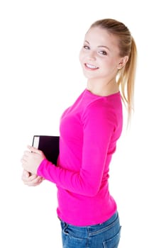 Young caucasian woman (student) with books , isolated on white