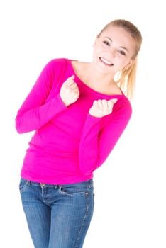 Excited happy success young woman with fists , isolated on white