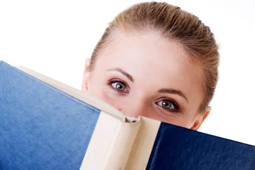Girl reading a book, isolated on white background