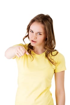 Young beautiful caucasian woman pointing on you ,isolated on white