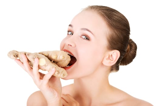 Beautiful woman with fresh ginger, isolated on white
