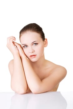 Beautiful face of spa woman with healthy clean skin. Isolated on white.
