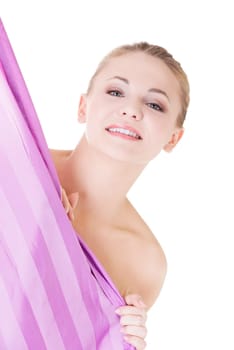 Beautiful woman covering her body with shower curtain , isolated on white
