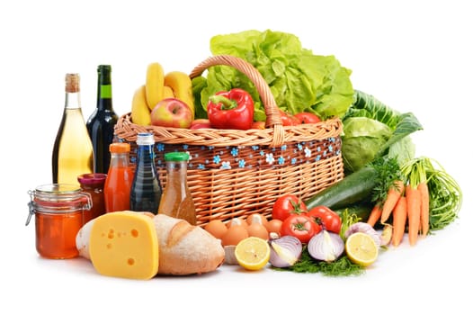 Composition with assorted grocery products isolated on white background