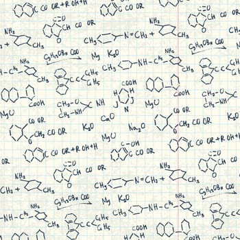 Abstract chemistry formulas on exercise book paper sheet. Vector background, EPS10.