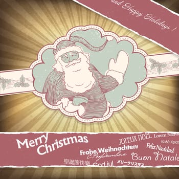 Retro Santa Claus greetings in different languages. Christmas background, vector, EPS10