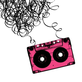 Audiocassette tape with tangled. Vector illustration.