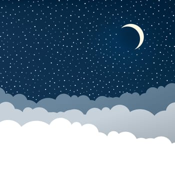Night sky with clouds (isolated copyspace), stars and crescent moon.