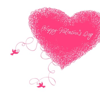 Two loving birds and heart symbol, woven from threads. Valentines day illustration with copyspace area.