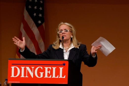 ANN ARBOR, MI - OCTOBER 24: Debbie Dingell speaks in support of husband Congressman John Dingell of Michigan at a "get out the vote"" rally in Ann Arbor, MI October 24, 2010."