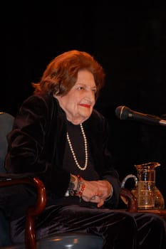 ANN ARBOR, MICHIGAN - NOVEMBER 23- Journalist Helen Thomas listens to a question during her November 23, 2009 visit to promote her book "Listen Up, Mr. President"""