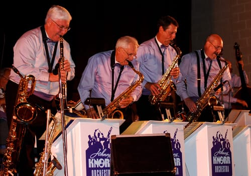 SYLVANIA, OH - AUGUST 28:  Saxophone and clarinet players in the Johnny Knorr Orchestra perform at the Centennial Terrace  August 28, 2010 in Sylvania, OH.