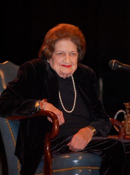 ANN ARBOR, MICHIGAN - NOVEMBER 23- Journalist Helen Thomas listens to a question during her November 23, 2009 visit to promote her book "Listen Up, Mr. President"""