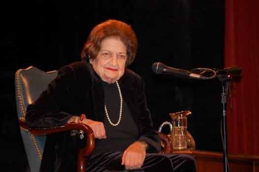 ANN ARBOR, MICHIGAN - NOVEMBER 23- Journalist Helen Thomas listens to a question during her November 23, 2009 visit to promote her book "Listen Up, Mr. President"""