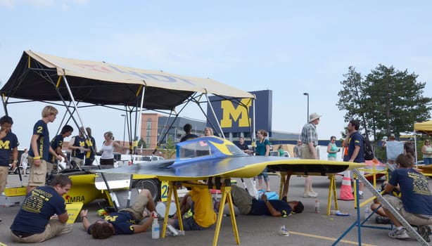 ANN ARBOR, MI - JULY 16: University of Michigan solar car team at the American Solar Challenge stop July 16, 2012 in Ann Arbor, MI.