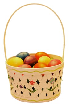 Easter basket with colorful plastic eggs, isolated on white with path