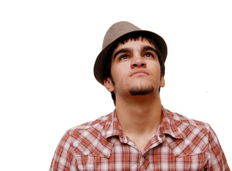 Teenage boy looking up with plaid shirt on